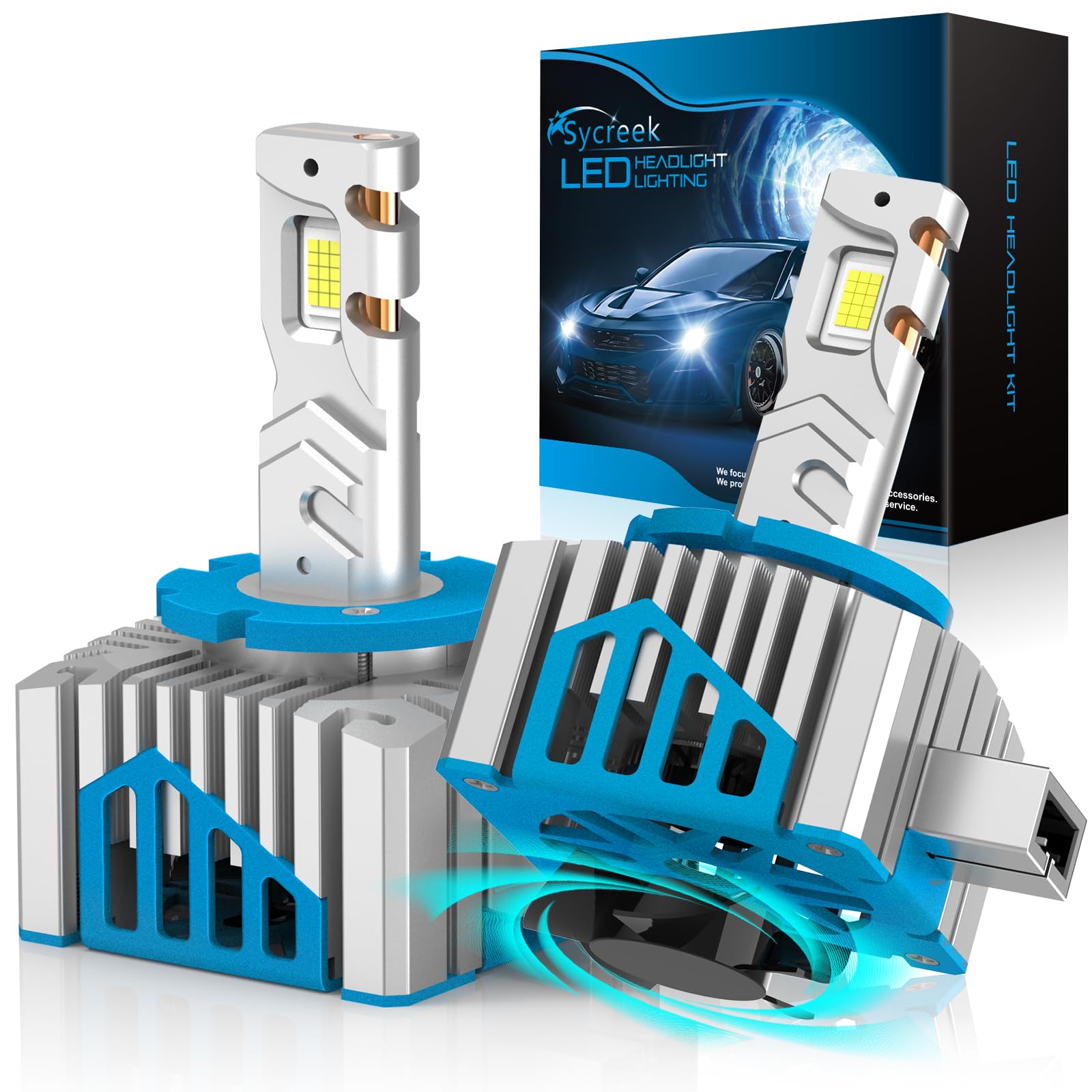 Sycreek Bombillas D1S LED con Ventilador,30000LM 6500K Blanco Reemplaza Original HID D1S Xenon Bombilla,600% Super Luminosas Faros de Carretera y de Cruce,2 Pcs