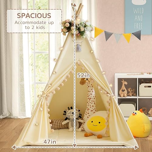 Vista 7 de Tienda de campaña tipi para niños con alfombrilla acolchada, lona de algodón, tipi con pompón para niños pequeños, tienda de campaña