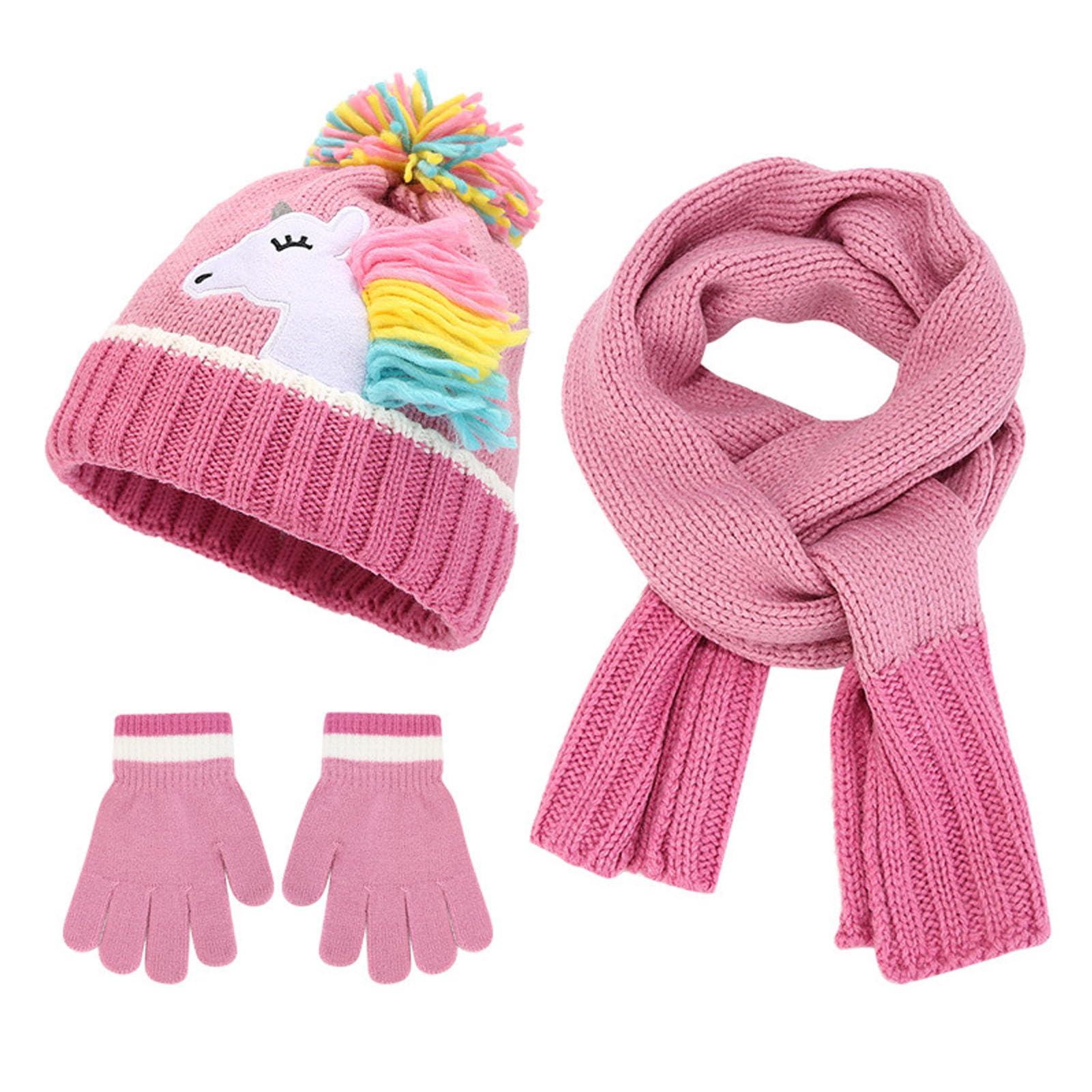 Conjunto de gorro de invierno para niños, bufanda y guantes, gorro de punto cálido con patrón de unicornio y calentador de cuello para niños de 3 a 6 años, paquete de accesorios de invierno