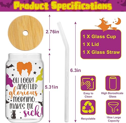 Miniatura 3 de OhLook - Taza de cristal para beber de fantasmas de Halloween, calabaza espeluznante de 16 onzas con tapa y popote en forma de lata de vidrio con
