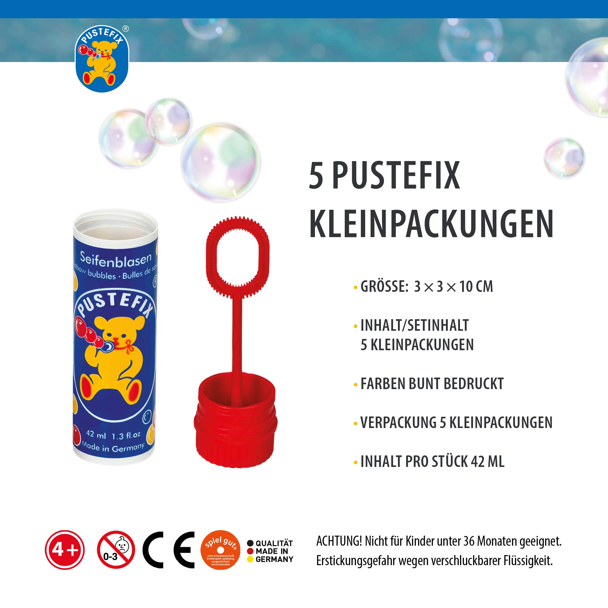 PUSTEFIX Lot de 5 bulles de savon classiques 42 ml - Bulles arc-en-ciel colorées fabriquées en Allemagne - Pour mariage, anniversaire d'enfant, bureau civil, soirée de mariage - Lot de 5 x 42 ml