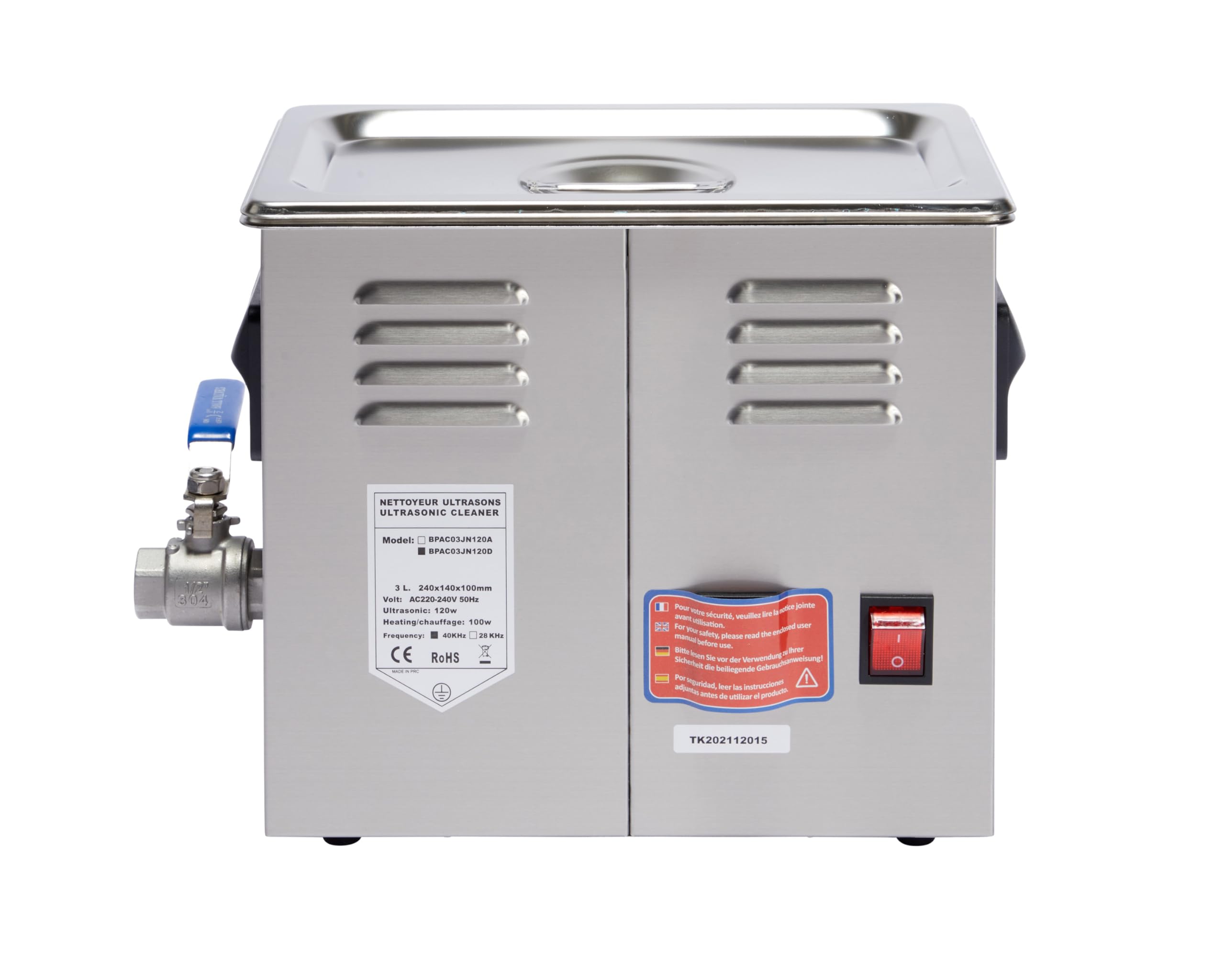 BPAC Pulitore ad ultrasuoni digitale con vasca da 3 litri e valvola di scarico, pulitore ad ultrasuoni per gioielli, potenza 120 W, vassoio ad ultrasuoni per professionisti e privati