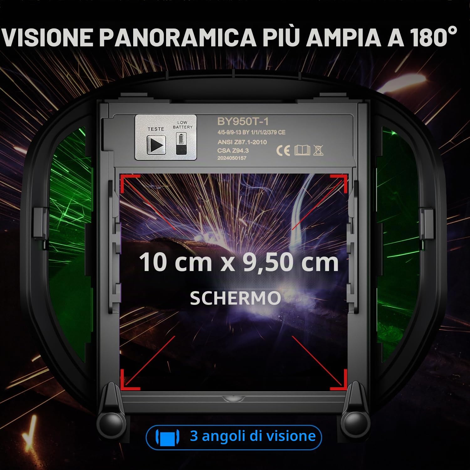 ANDELI Casco da Saldatore Panoramico180°con Visiera Laterale,100x95mm ampio campo visivo,Oscuramento Automatico 4/5-8/9-13,True Color,4 Sensori,Alimentazione Solare,Protezione UV/IR fino a DIN 16