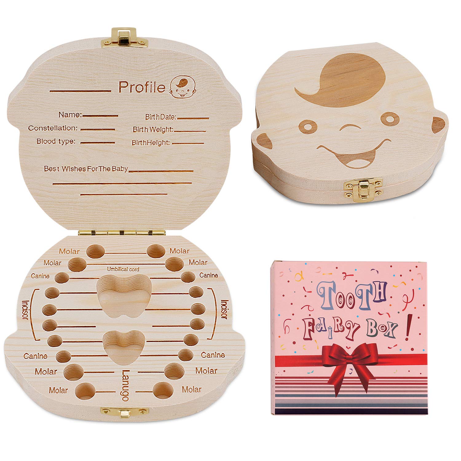 Baby Tooth Box by NASHRIO Wooden Kids Keepsake Organizer