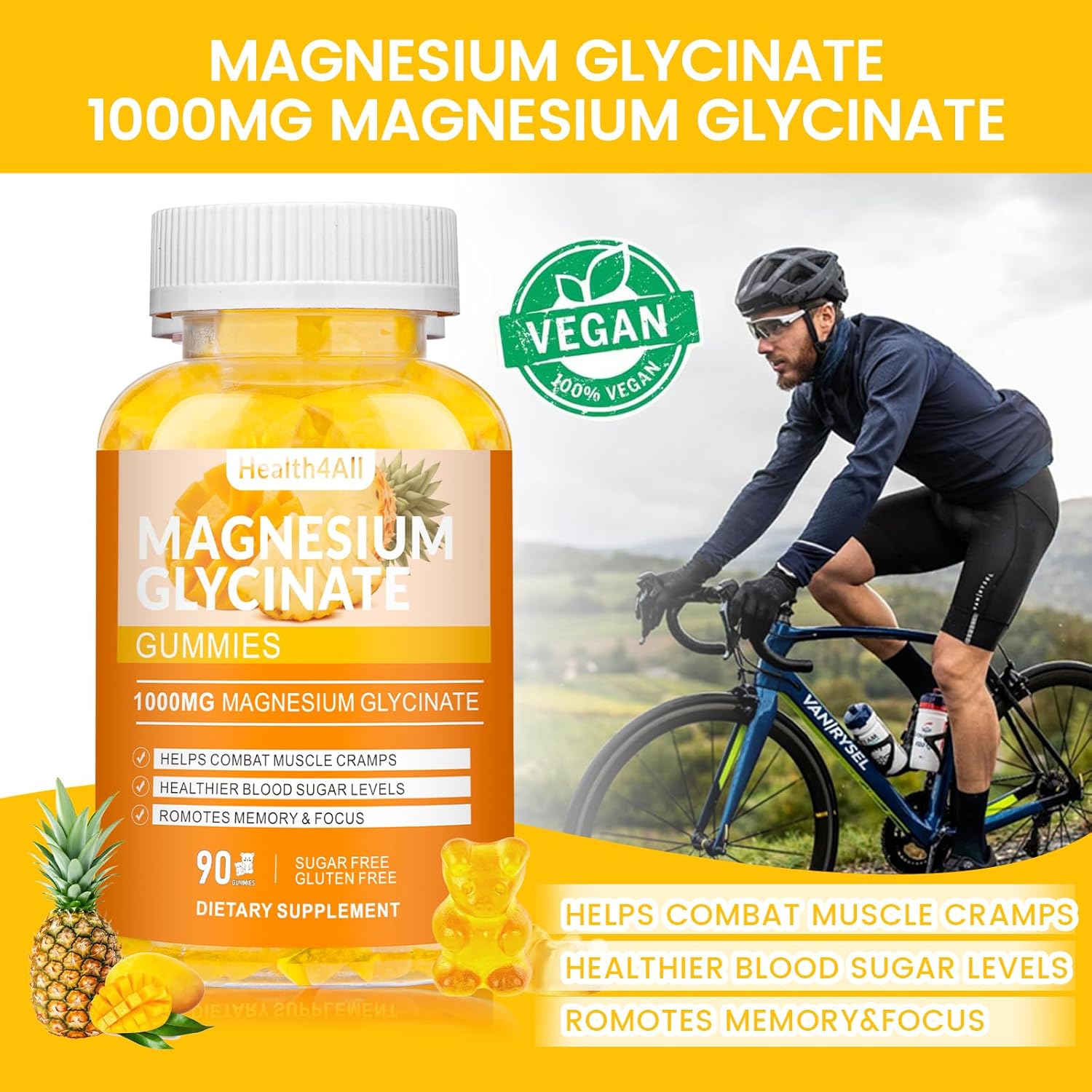 Magnesium Glycinate Gummies 1000mg, High Absorption Sugar Free Magnesium Potassium Supplement for Relaxation, Stress Relief, and Sleep Support for Adults & Kids - 90 Mango Pineapple Gummies - Image 6