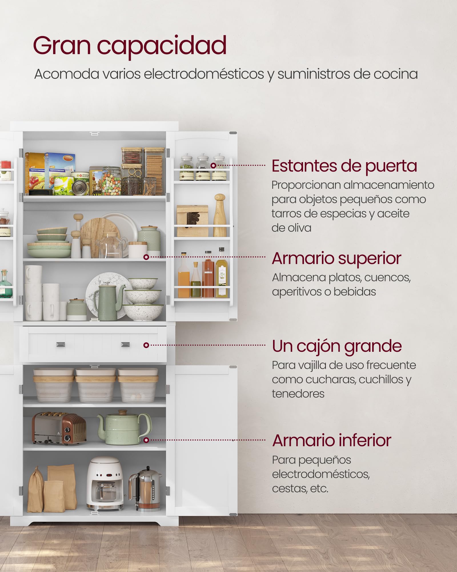 VASAGLE Armario Alto de Cocina, 40 x 76 x 182,1 cm, Armario Independiente, con un Cajón, Estantes Ajustables, 6 Estantes en la Puerta, para Sala de Estar, Cocina, Blanco BBC561W21