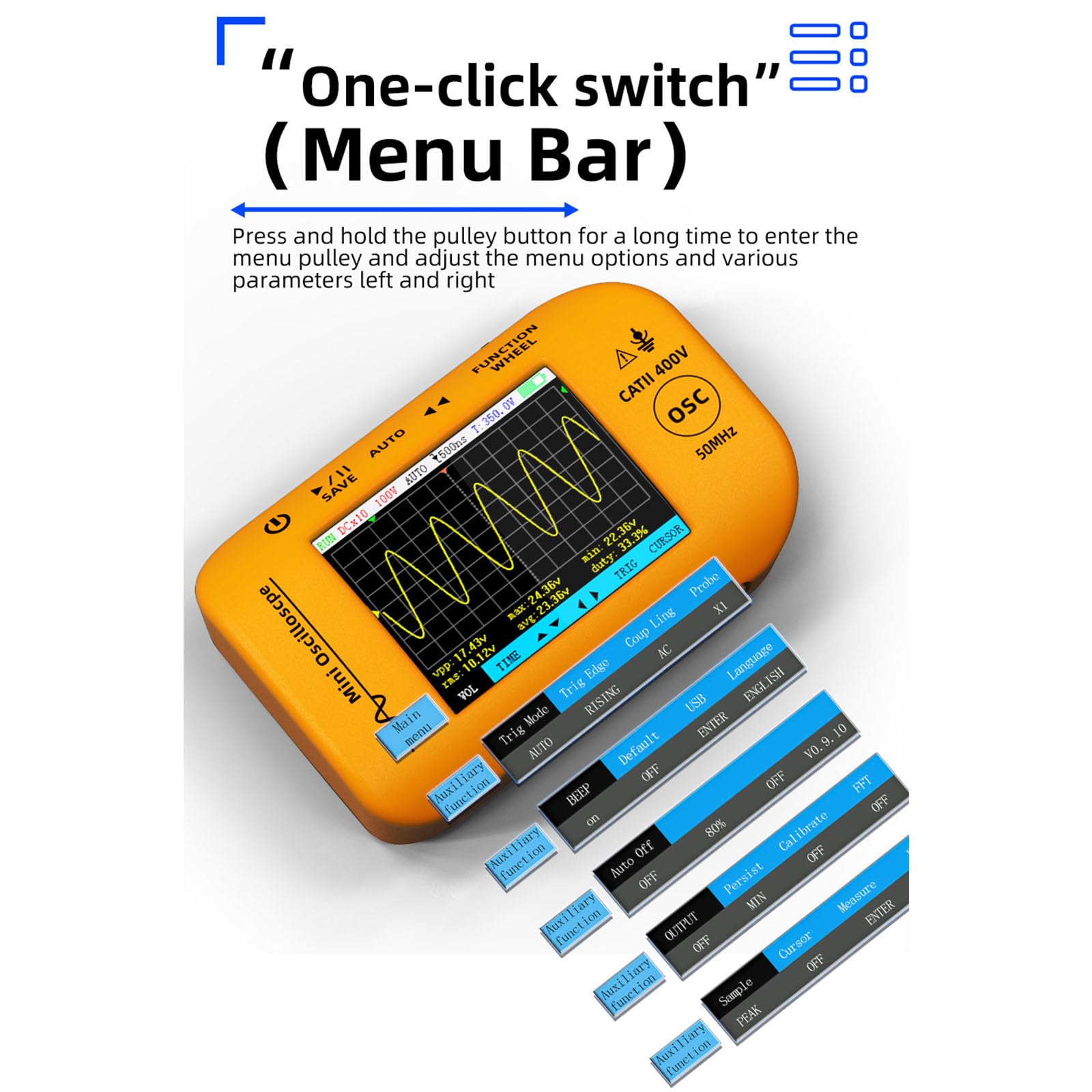 Oscilloscopio palmare da 50 MHz con generatore di segnali integrato 200 MSa S frequenza di campionamento ABS per test di circuito e debug oscilloscopio funzione matematica