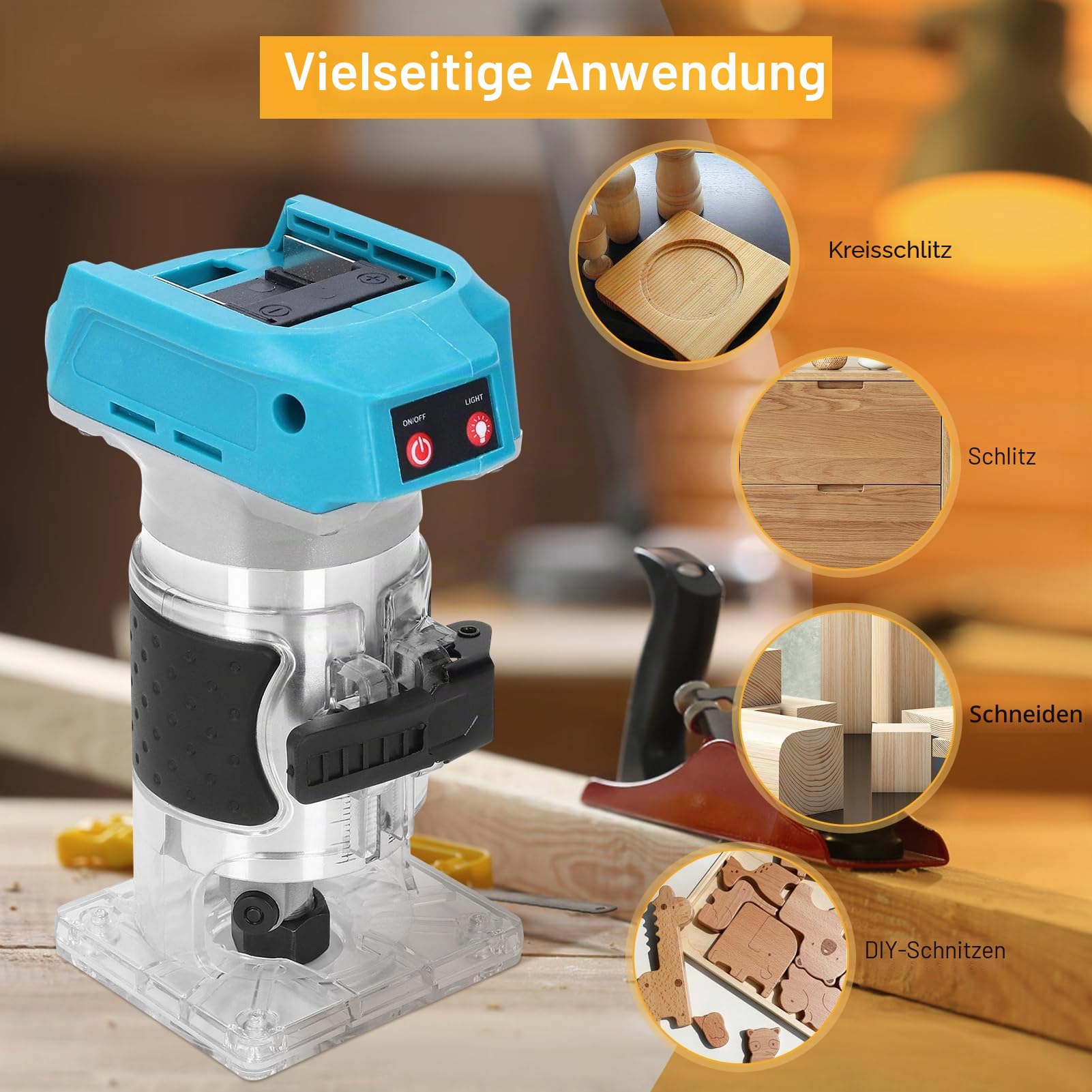 Akku Oberfräse, Einhandfräse Kantenfräse, Bürstenloser Trimmer Für Die Holzbearbeitung, mit 1/4 Zoll Bohrfutter, für Tischlerei, Besäumen, Nuten, Bohren und Möbelbau