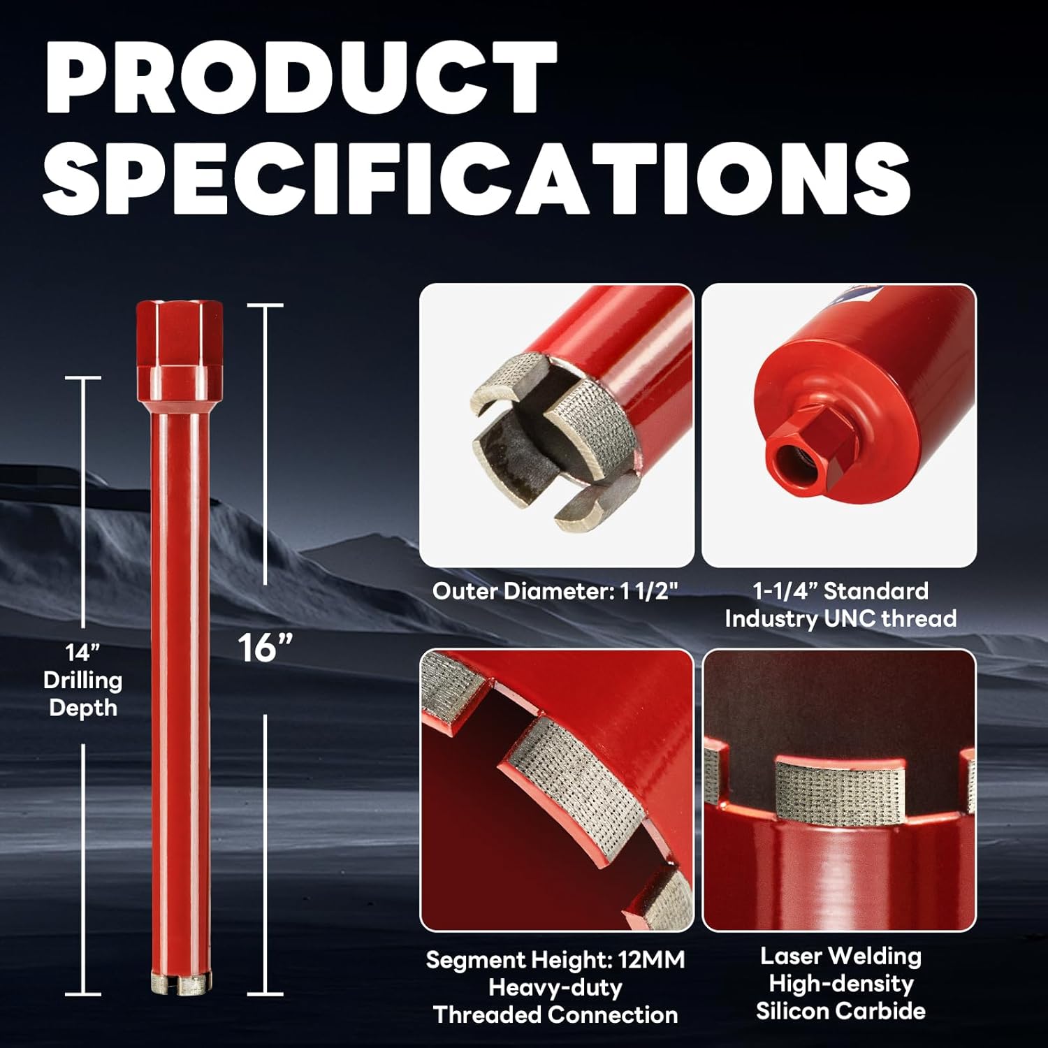 Premium 1-1/2" Wet Core Drill Bit for Hard Concrete with High-Density Diamond, 1-1/4"-7 Thread x 14" Drilling Depth, Industrial Grade for Concrete Rebar, Brick, Masonry, Pavers(38mm)