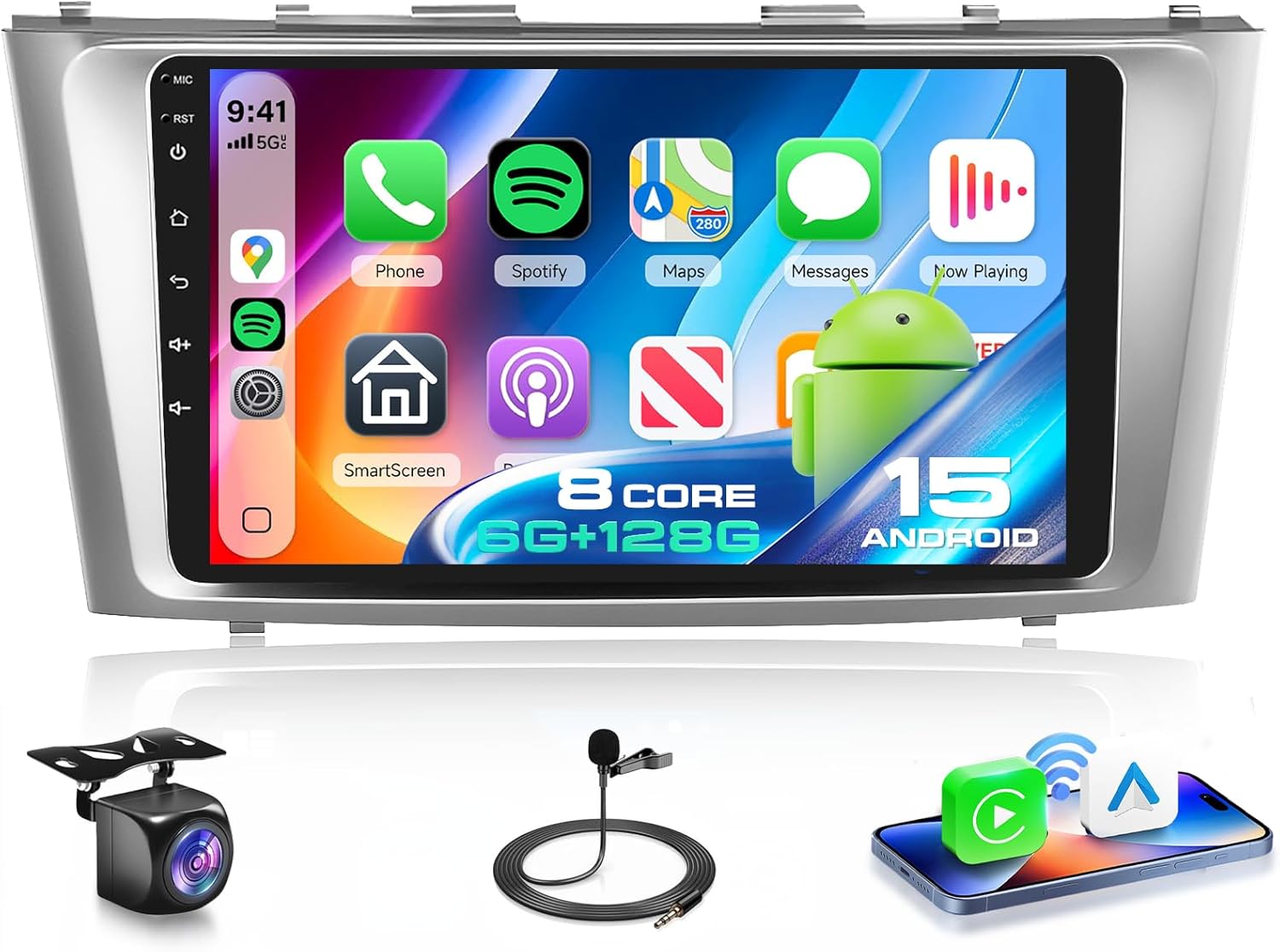 6G+128G Android 15 Car Radio for Toyota Camry 2006-2011 not for J-BL with Wireless Carplay/Android Auto, 9 Inch Touch Screen Stereo, Bluetooth, GPS, WiFi, SWC, DSP+ Backup Camera