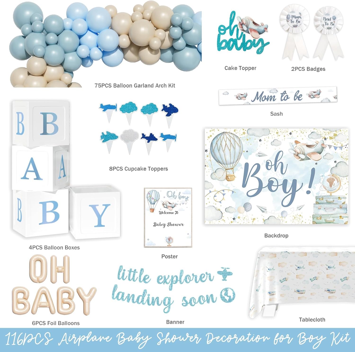 Airplane Baby Shower Decorations – 112 PCs Airplane Themed Birthday Party Supplies with Backdrop, Banner, Balloon Garland, Tablecloth, Cake Topper, Boxes, Sash, Badges, Poster