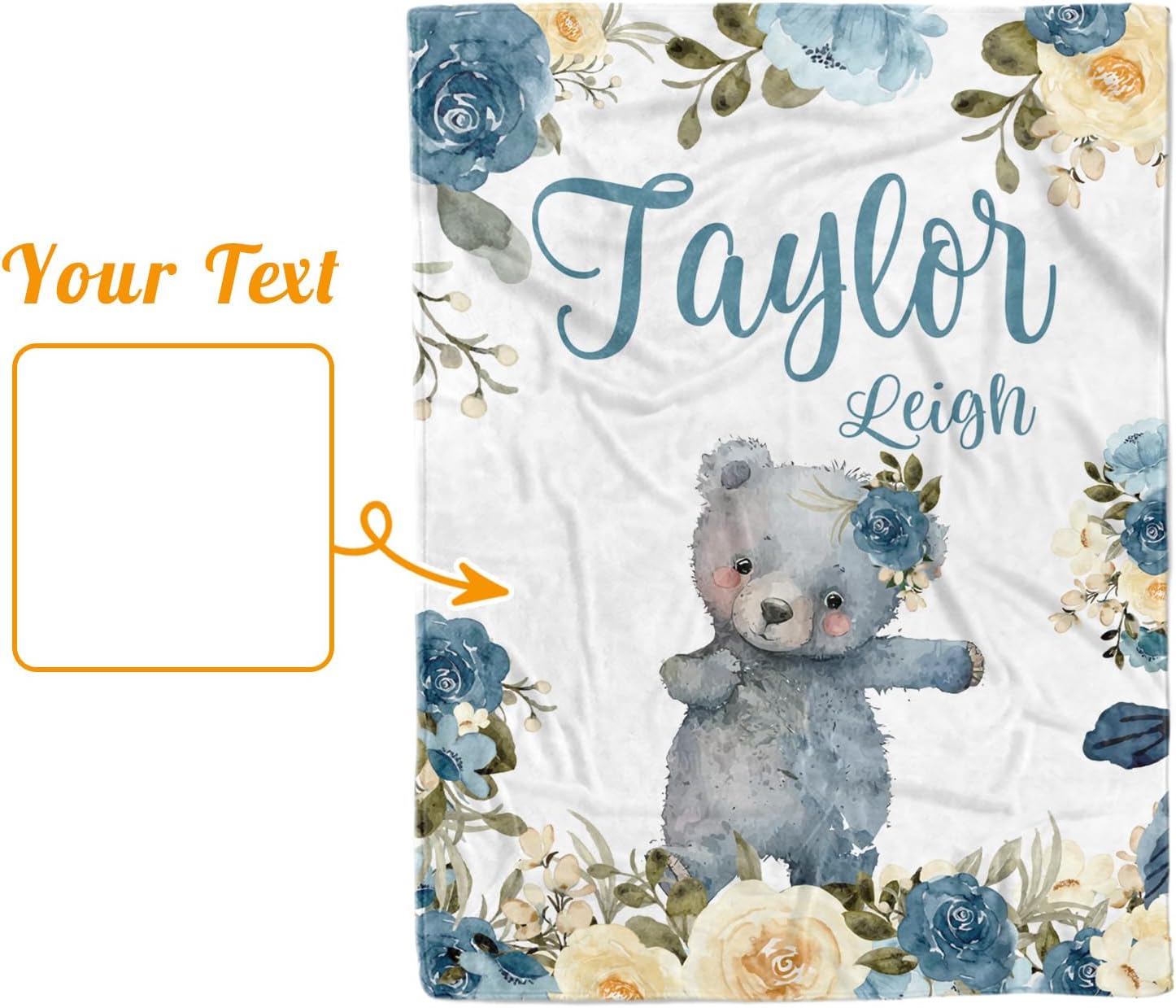Personalized Baby Blanket - Nursery Bed Blanket for Boy Girl Toddler, Custom Name Infant Bedroom Nursery Decor, Blue Painted Bear(30”x40)