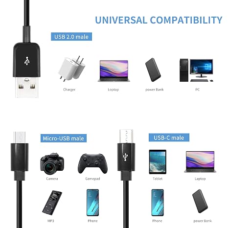 1Ft Multi Charging Cable, 2 in 1 USB 2.0 A to USB Type C and Micro USB Charging Cable Cord,Power up to 2 Devices at Once from a Single USB Port(Black)