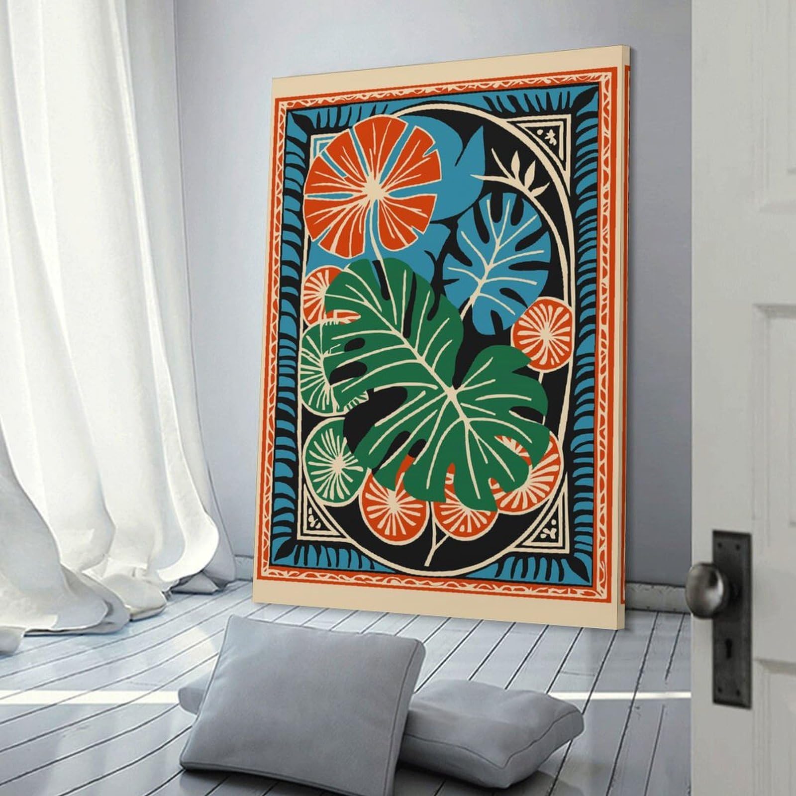 Junmoney Tropical Leaves And Flowers Art Print Decorative Canvas Print 24x36inch(60x90cm), for Gallery Wall Layouts in Home Or Office, Home Wall Art for Statement Displays