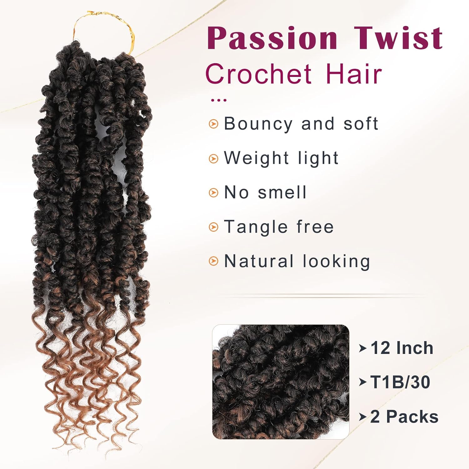 Passion Twist Crochet Hair, 12 Inch, 2 Packs Pretwisted, Short Crochet Braids, Pre Looped for Black Women(1B/30)