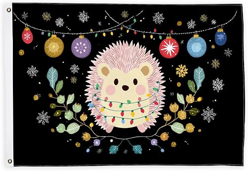 Hedgehog Flags for Outside, Christmas Fanciful Christmas Lights Leaves Black Outdoor Decorative Banner Signs with Grommet Decor for Front Porch Garden Balcony House 3x5 Ft