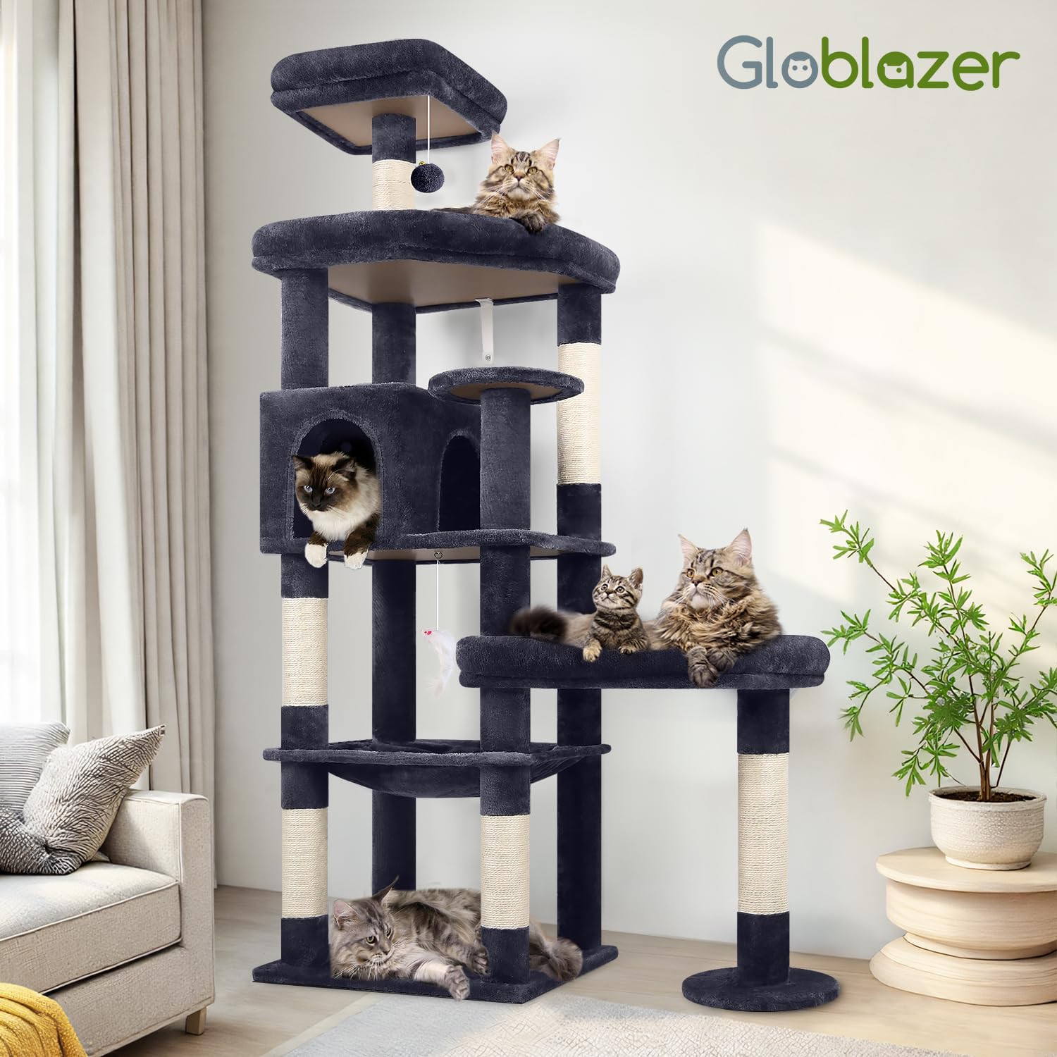 Globlazer Kratzbaum für Große Katzen 165 cm mit 2 Große Gepolsterte Plattform 48*42CM, Extragroß Hängematte, Katzenhaus, Sitzstangen, Stabil Katzenbaum mit Stützen für Schwere Katzen (S65, Dunkelgrau)
