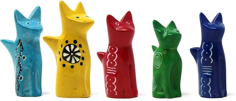 Global Crafts Soapstone Tiny Sitting Cat Figurines, Handmade in Kenya, Assorted Pack of 5 Colors KSASMCAT-5PK