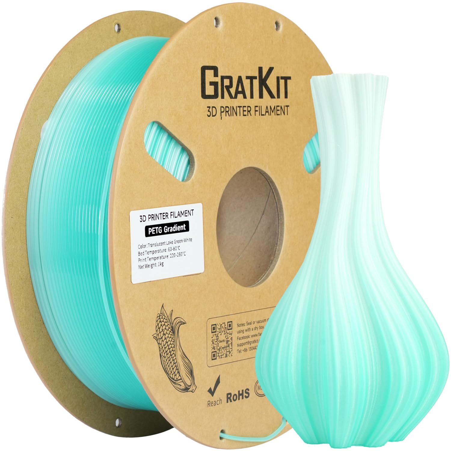 GratKit Gradient PETG Filament, 1.75mm, 1kg, Translucent Lake Green White