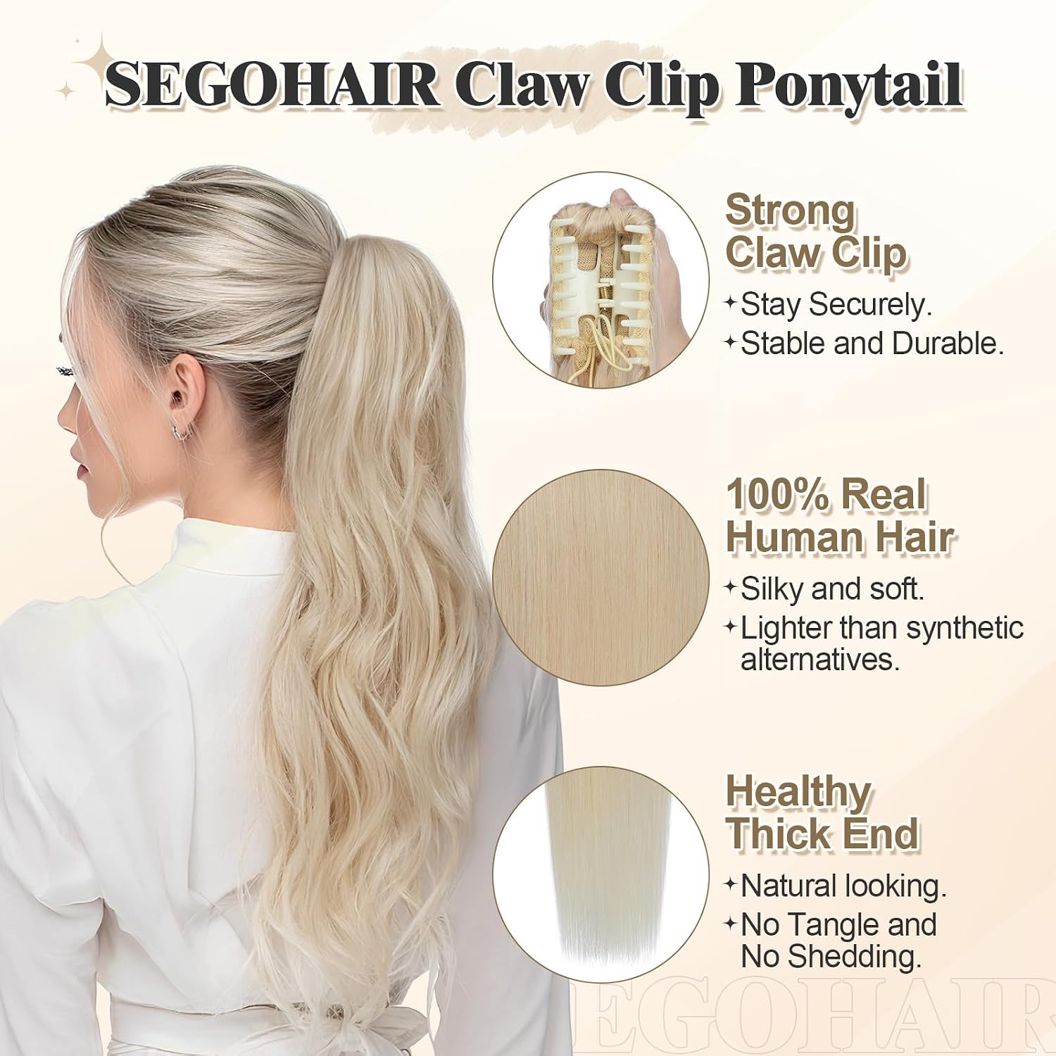 SEGOHAIR Human Hair Ponytail Extension with Claw Clip, Natural Look, Soft, 14"-22", More Colors Options for Women, Ideal for Dates, Weddings, Parties, Gifts - 22" 120g Platinum blonde