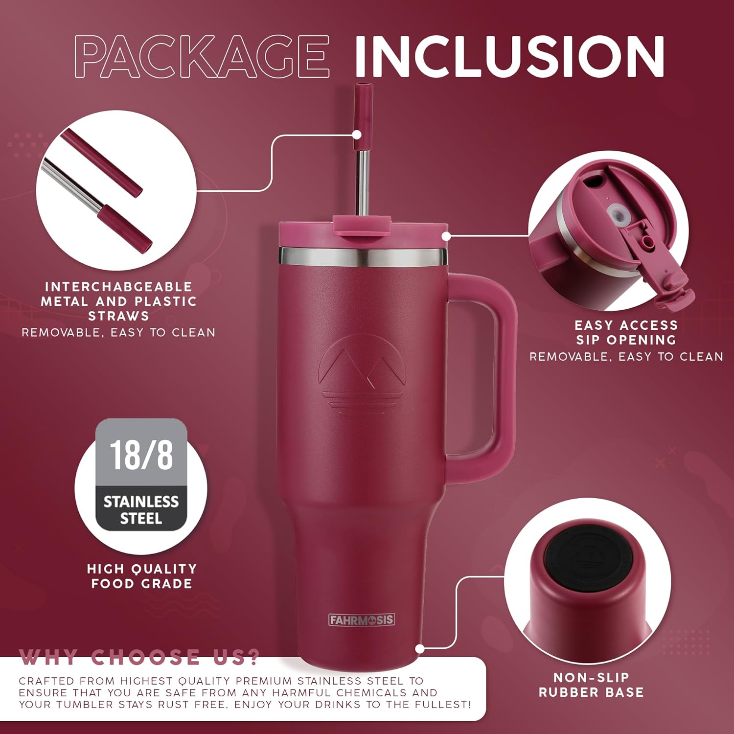 40 Oz Tumbler with Handle and Straw Insulated Cup that Fits in Cup Holder for Hot & Cold Drinks Leak Proof Tumbler with Straw Stainless Steel Travel Mug for Men & Women - Red - Image 2
