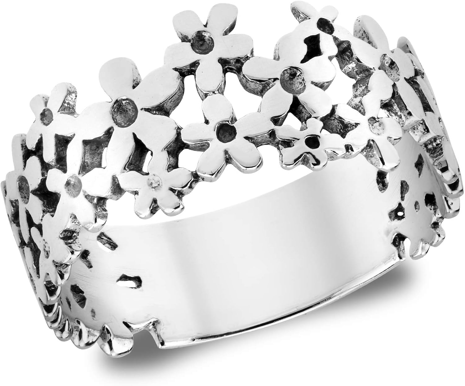AeraVida Mini Daisies Sterling Silver Floral Ring for Women | .925 Stamped Shiny Fashion Nature-Inspired Stackable Band | Lightweight 7mm Wide Silver Ring Size 6-10 | Garden Jewelry Gift