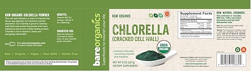Miniatura 4 de BareOrganics 12522 USDA Polvo orgánico de Chlorella, superalimento en polvo, suplemento dietético, 8 onzas