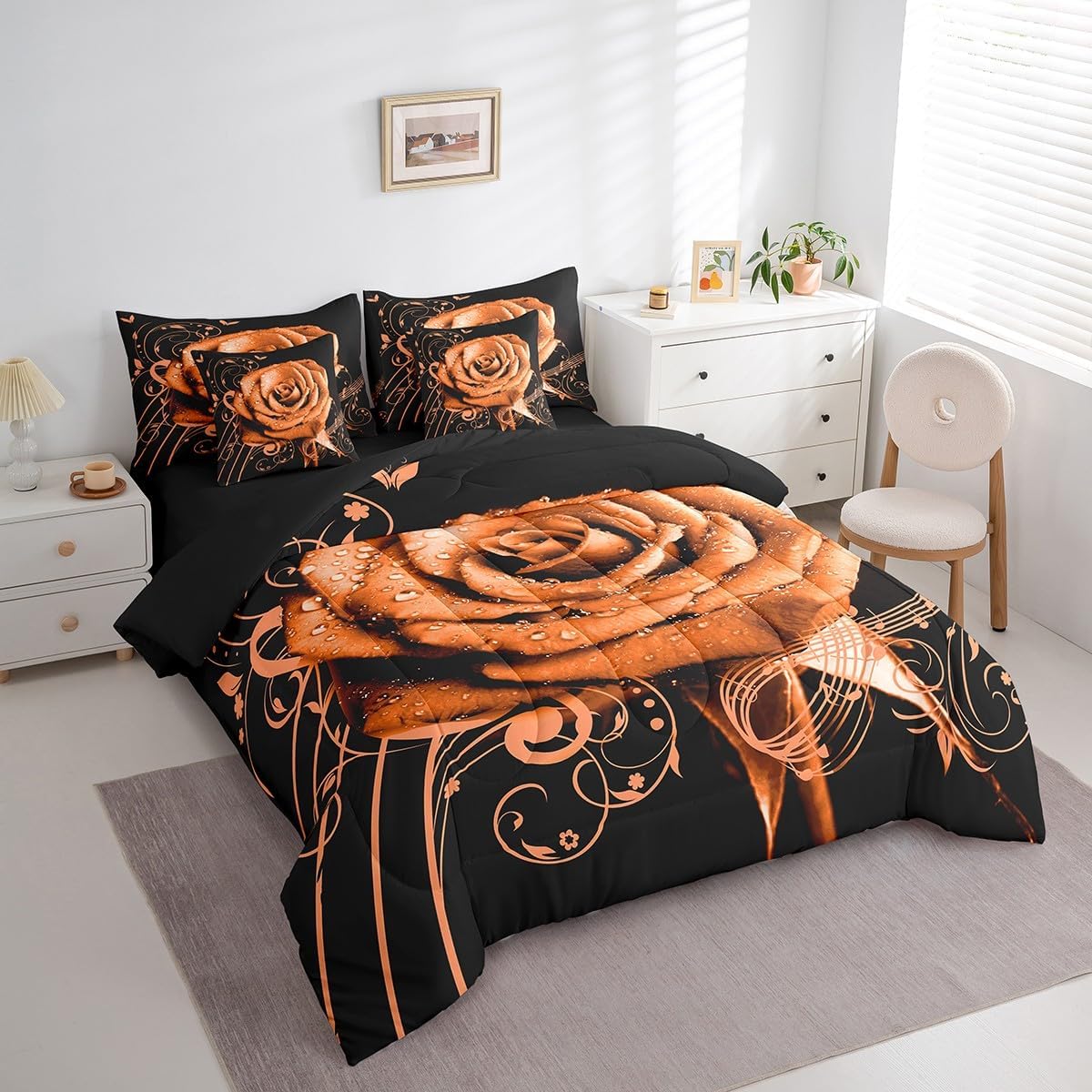 Feelyou Orange Rose Floral Bedding Set King 7 Pieces Valentine's Day Botanical Comforter Set Music 3D Printed Blossom Flowers Romantic Bed in a Bag with Comforter, Sheets, Pillowcases & Cushion Cover