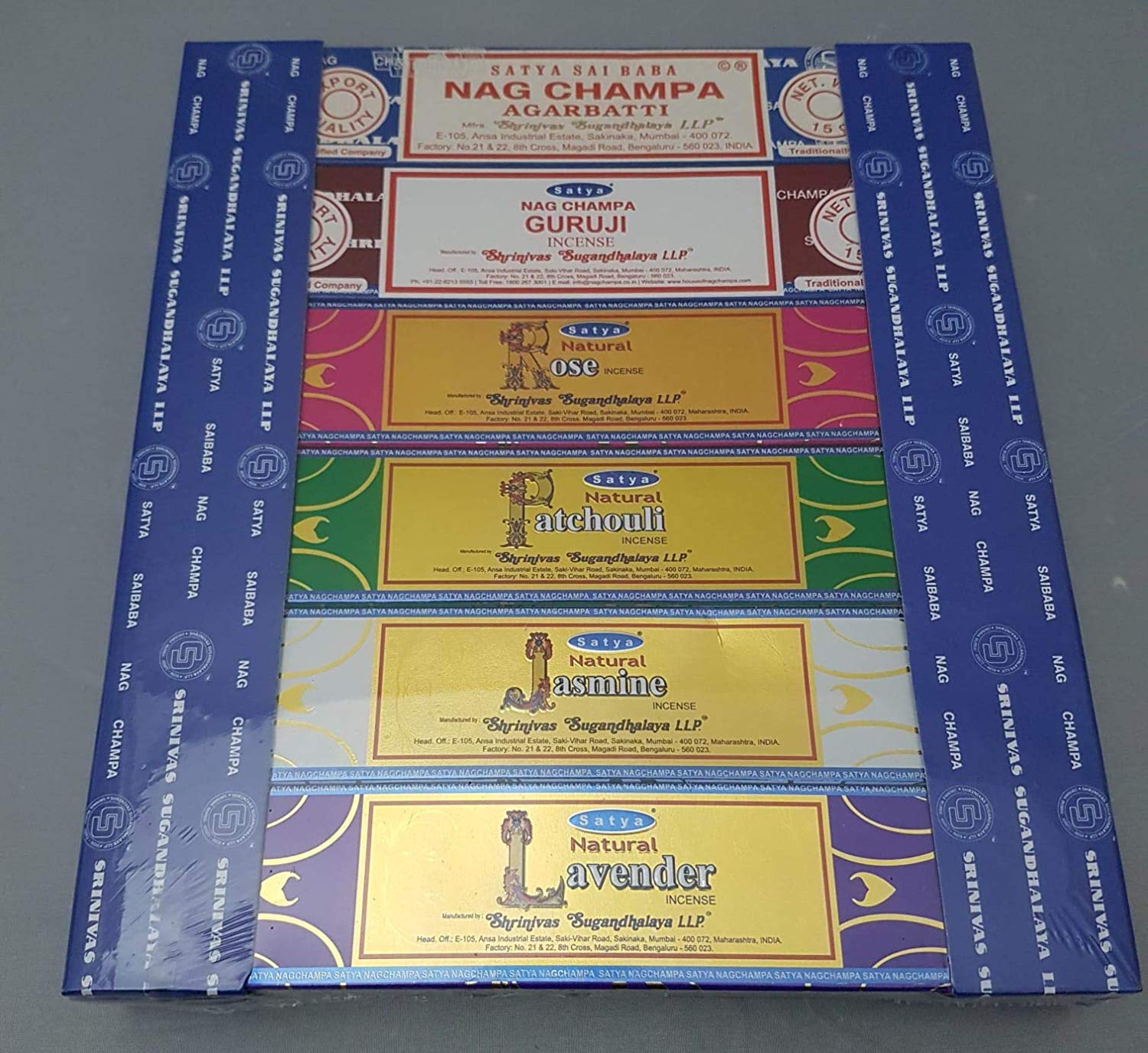 Satya Nag Champa Pack of 12 Variety Nag Champa, Super Hit, Guruji, Om, Palo Santo, Jasmine, Patchouli, Rose, Lavender, Sandal, Mantram, Aastha.