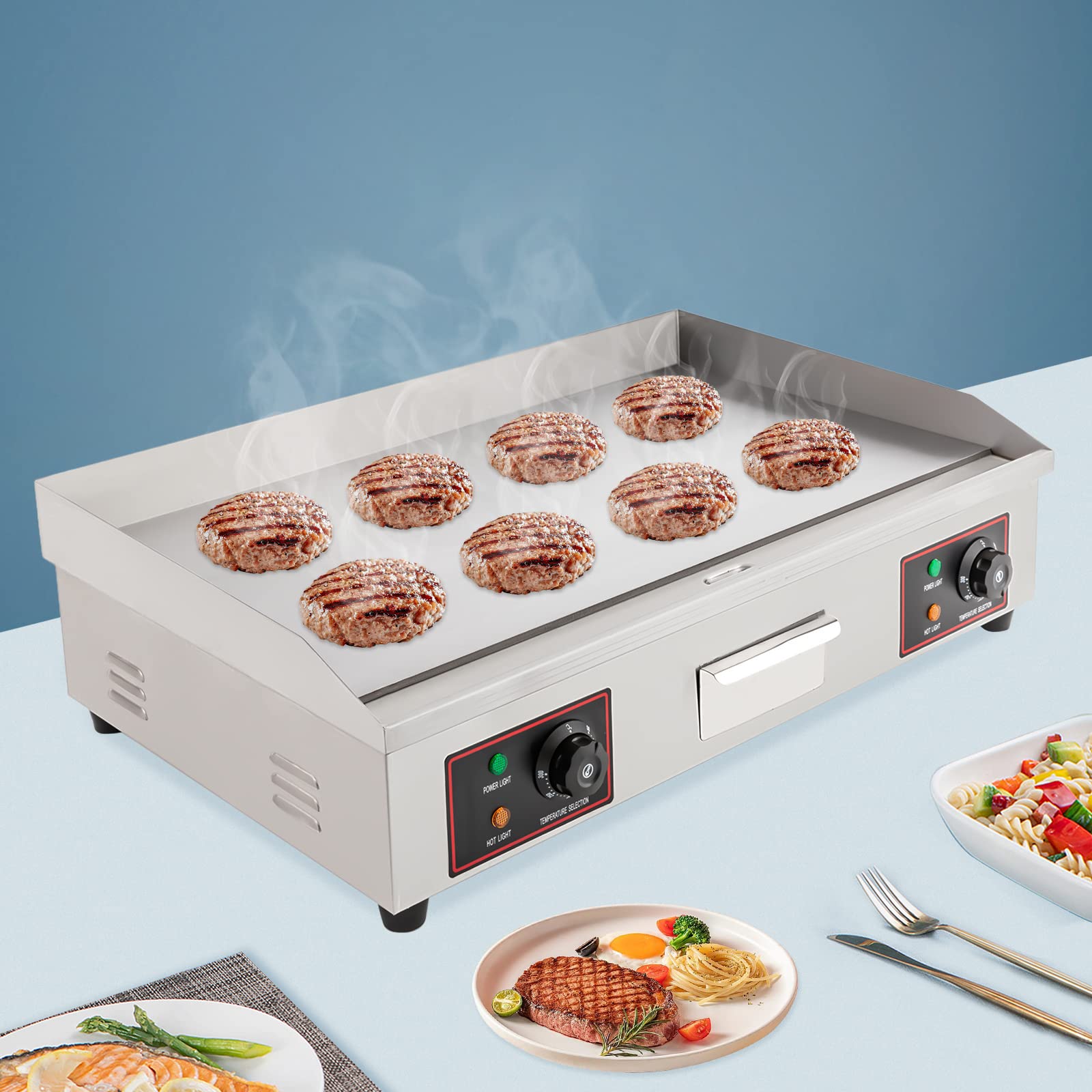 Countertop Flat Top Griddle, 3000W Electric Griddle with Adjustable Temperature Control 122°F-572°F, Stainless Steel Commercial Griddle for Home or Restaurant