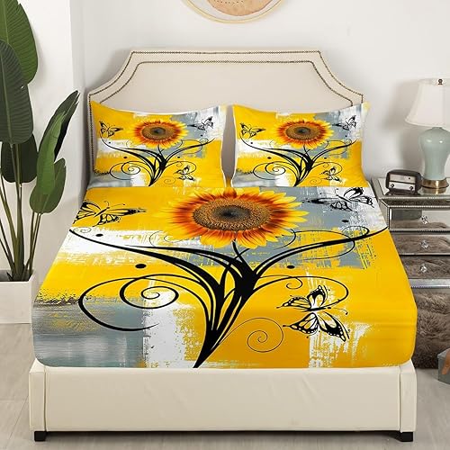 Miniatura 3 de Erosebridal Juego de sábanas bajeras de girasol con diseño de girasol, diseño de mariposas y flores, tamaño King, amarillo, gris, blanco, degradado,
