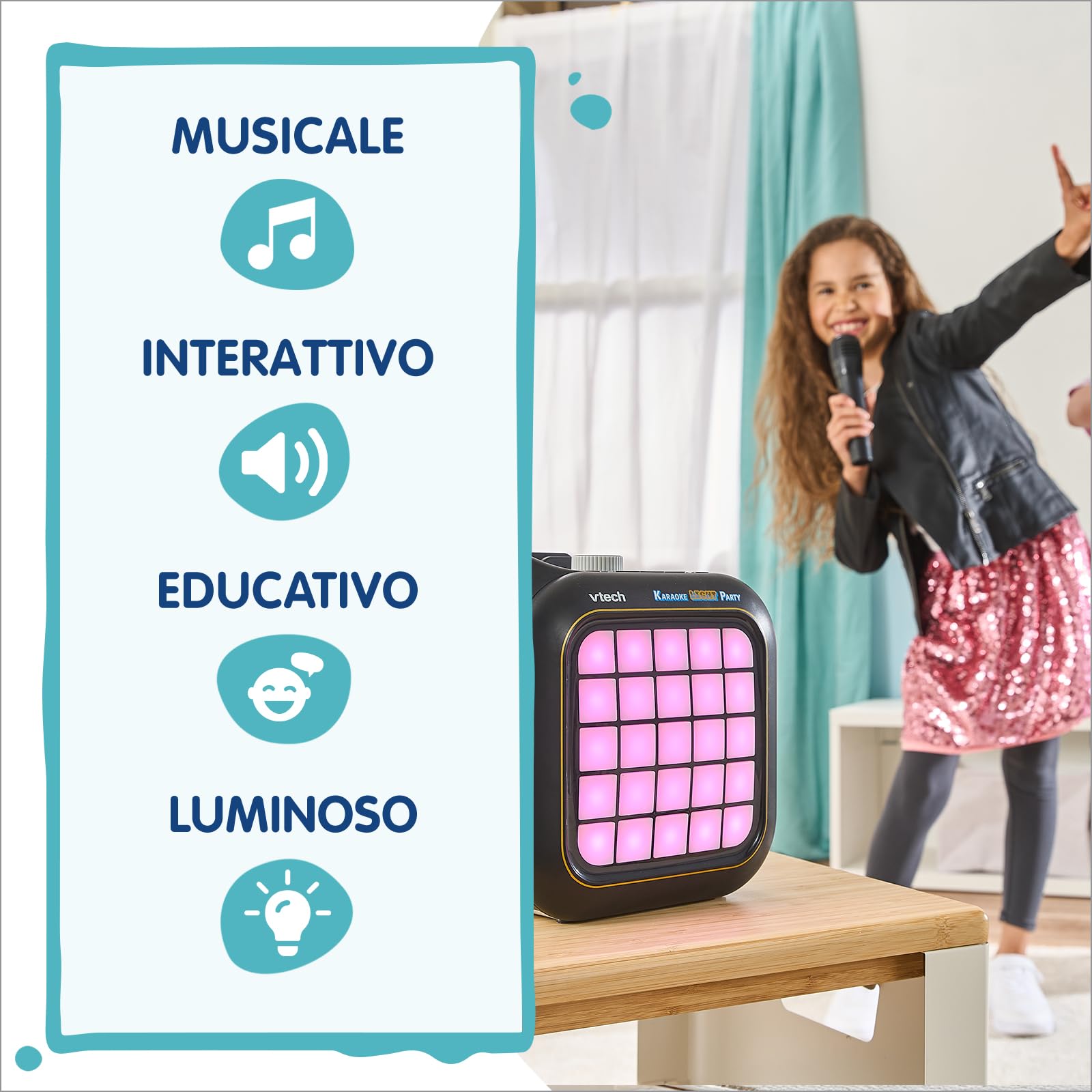 VTech Karaoke Light Party Microfono con Altoparlante 7+ Anni | 2 Microfoni Wireless, Bluetooth, Magic Voice, Effetti Sonori, 25 Tasti Pixel Art, Batterie Incluse, Lingua Italiana
