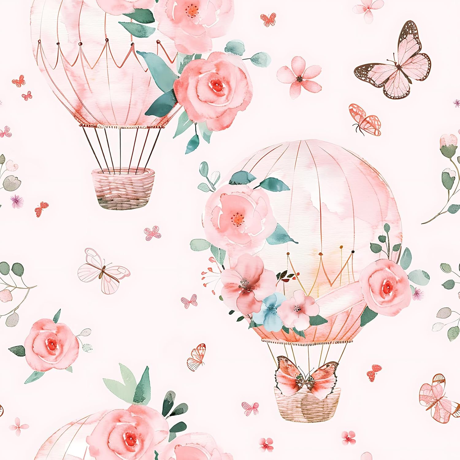 VaryStyle Pink Hot Air Balloon Wallpaper Watercolor Butterfly Girly Floral Peel and Stick Wallpaper for Girls Bedroom Nursery Removable Vinyl Light Pink Contact Paper for Cabinet Dollhouse 17.7"x118"
