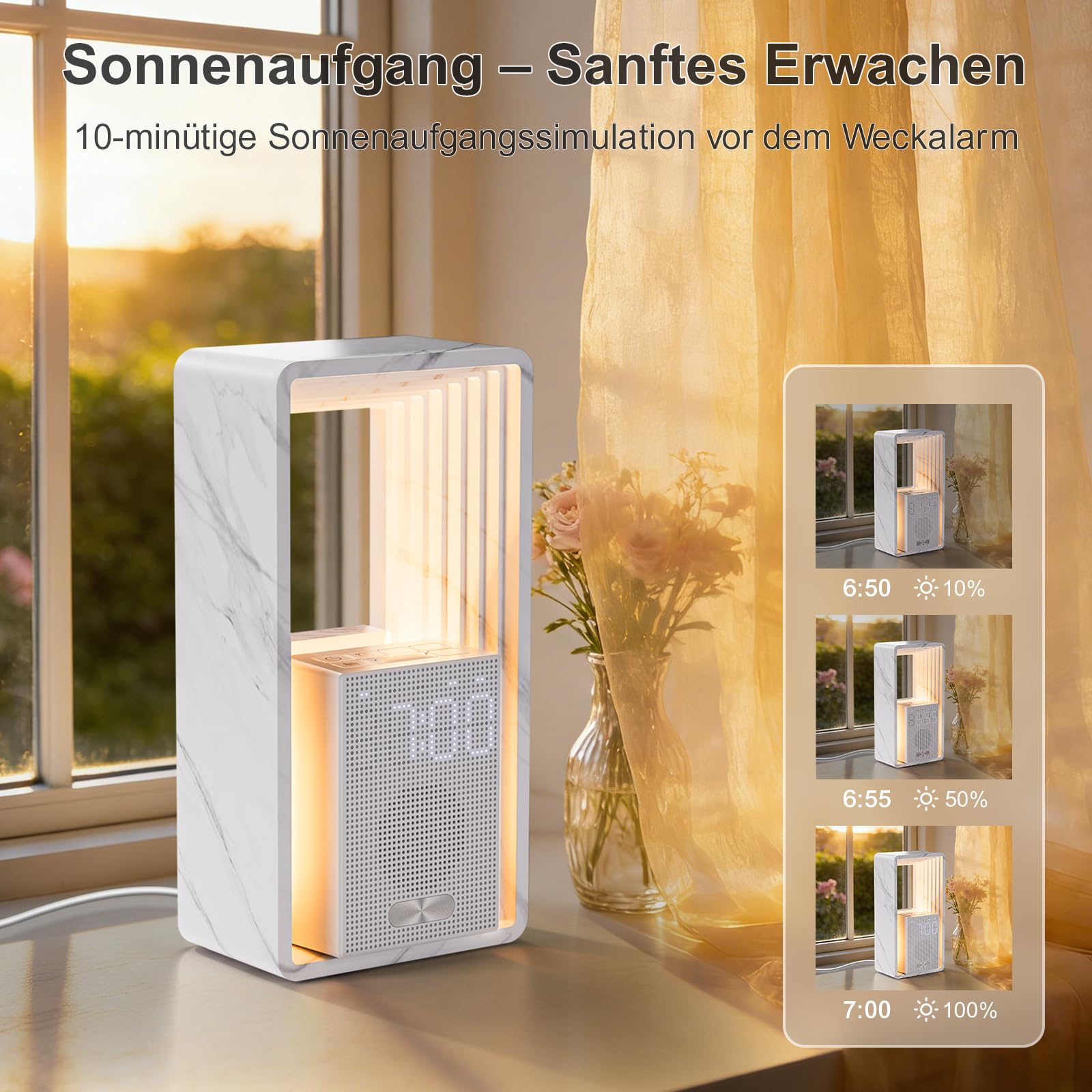 Hensam Tageslichtwecker mit Weißem Rauschen, Lichtwecker mit Sonnenaufgangssimulation, Nachtuhr Wecker mit 20 Naturgeräusche und Timer für Leichtschläfer, Wake up Licht für Kinder, Erwachsene