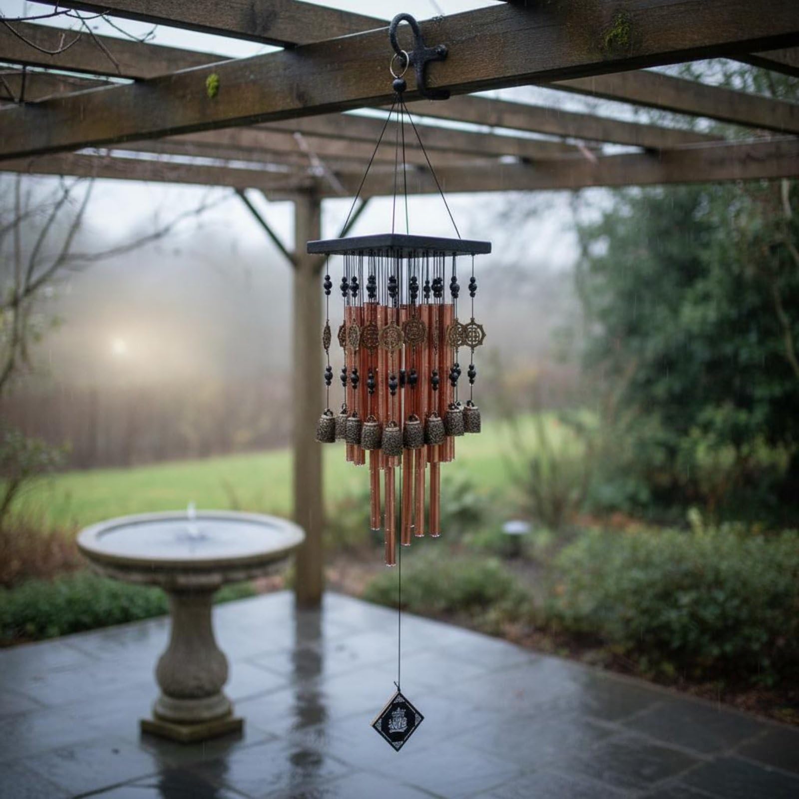 Milageto Campana Colgante Exterior Carillón de Viento Tubos Metálicos Campana Jardín Móvil de Viento Rústico Madera Aluminio Tonos Cálidos Diseño Ornamental