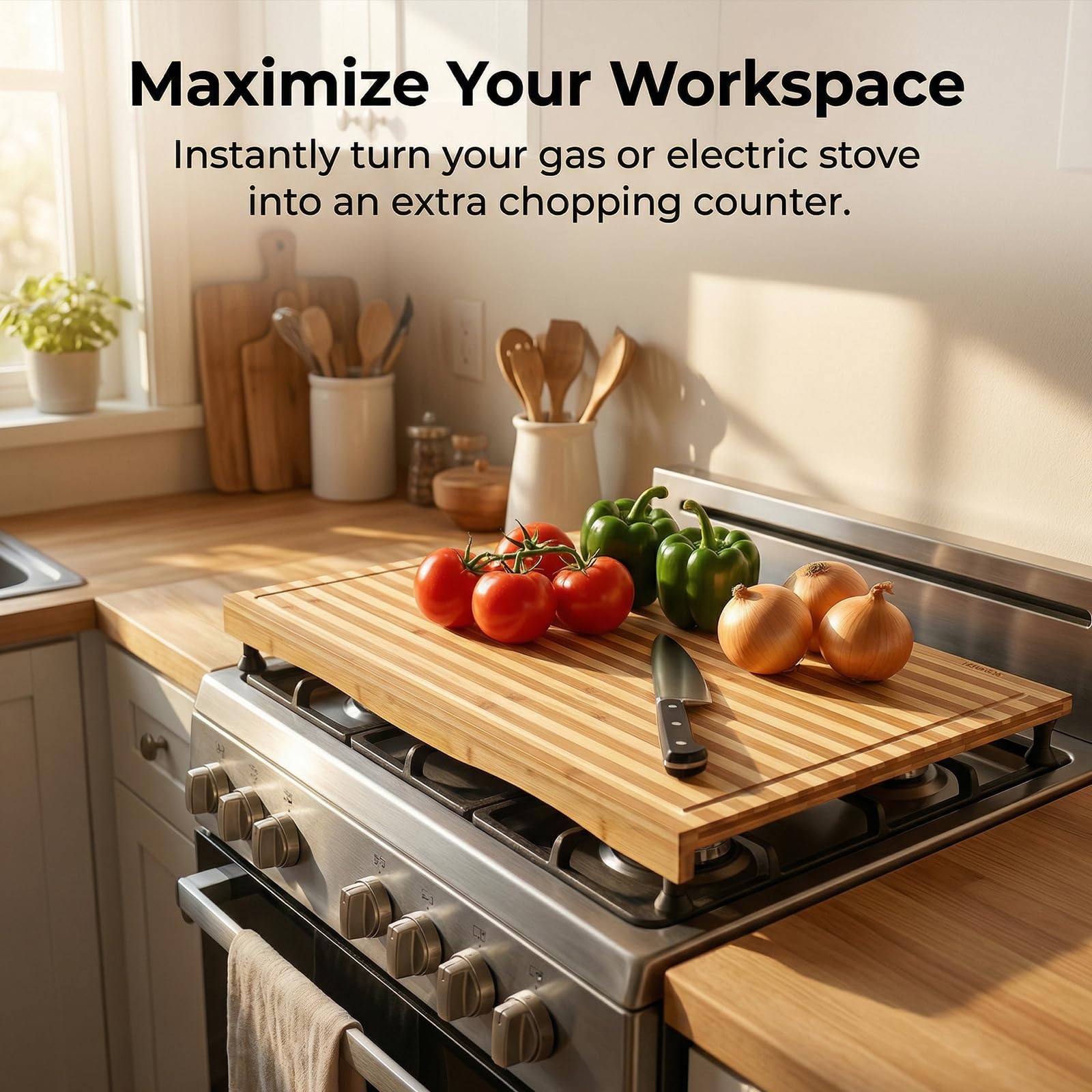 Bamboo Stovetop Cover & Countertop Cutting Board with Adjustable