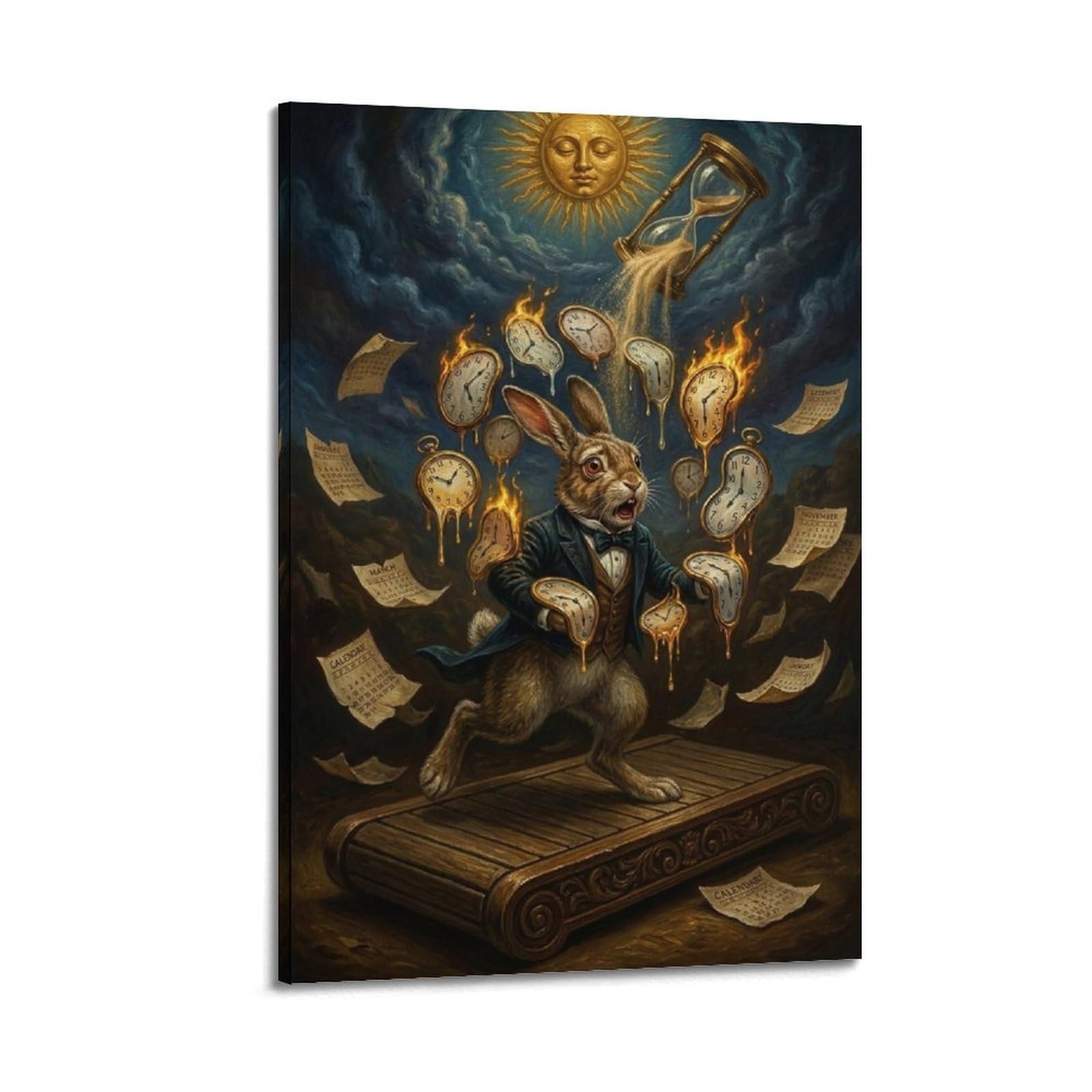 XKUGA Surreal Vintage Animal Poster Rabbit Clock Deadline Satire Modern Decorative Canvas Prints - Ideal Wall Art for Family, Man Cave, Game Room, Boys & Girls Bedroom 16x24inch(40x60cm)