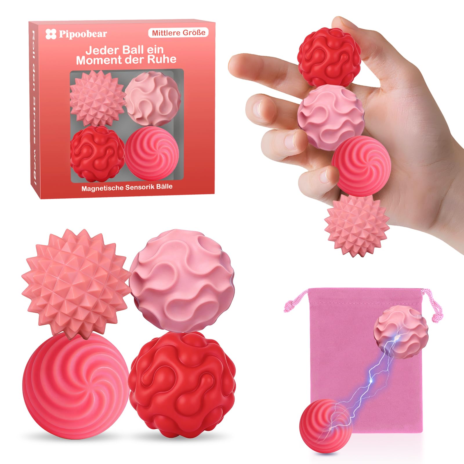 Pipoobear Magnetische Fidget Toys, 4 Stück Magnetische Fidget Bälle Mittelgroß Silikon Magnetkugeln Anti-Stress Bälle, Magnetkugeln Stressball Silikon Sensorik Spielzeug für Erwachsene & Kinder(Rosa)