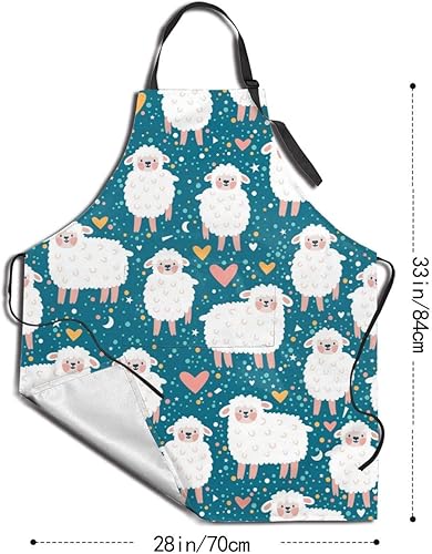 Miniatura 4 de Duduho Delantal con 2 bolsillos, diseño de oveja, corazón y estrellas, delantal para cocinar, babero, para mujeres, hombres, unisex, ajustable,