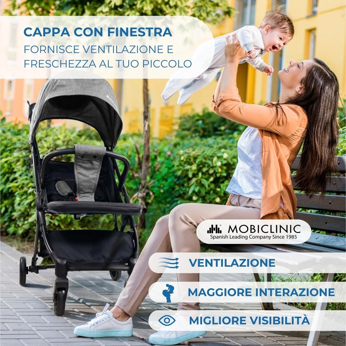 Mobiclinic®, Passeggino Leggero, Ultra Compatto, Imbracatura a 5 Punti, Manubrio Monomaniglia, Carrello Pieghevole, Cestino, 0-36 Mesi, Regolabile, Cappottina Pieghevole, Freni con Blocco, Trip