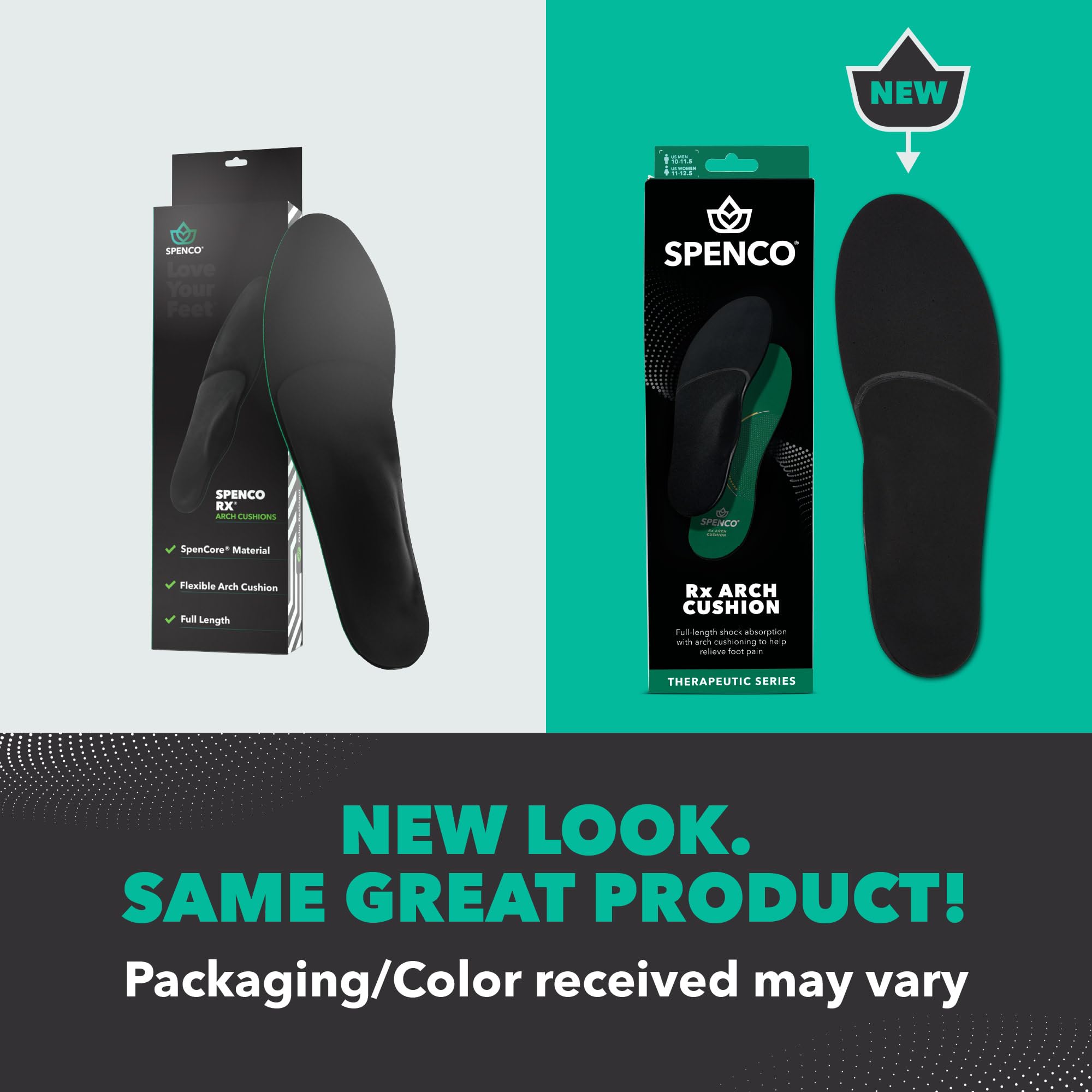 Spenco RX - Plantillas para calzado de apoyo de longitud completa con cojín de arco, para hombre 12-13.5