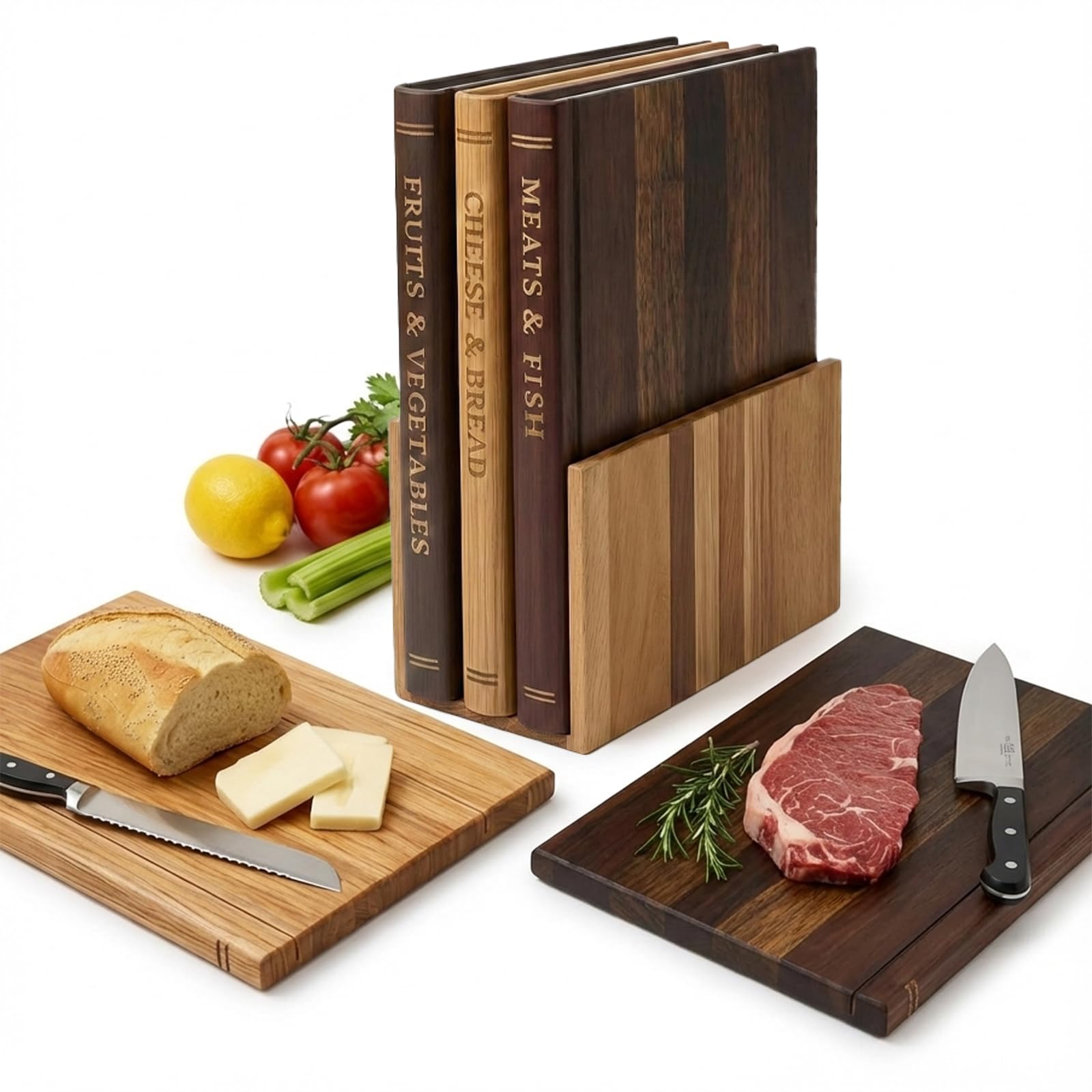Tablas de Cortar en Forma de Libro, Set 3 Piezas de Madera con Soporte Ahorra Espacio, 3 Colores Diferentes Incluidos, para Cocina, Carne, Pescado, Verduras, Queso y Pan