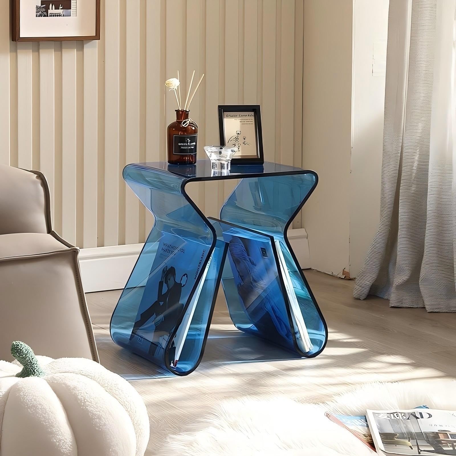 SXZenSpace Acrylic Side Table Geometry Nightstand End Transparent Coffee for Living Room & Office Space Saver(Blue)