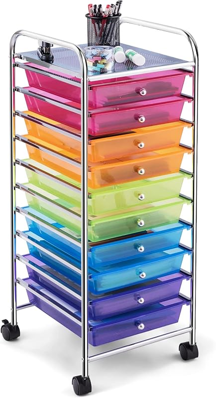 COSTWAY 10-Drawer Rolling Storage Cart, Utility Mobile Trolley | Removable Drawers & Universal Casters & 2 Brakes, Versatile Flexible Drawer Organizer Cart for Home, Office (Rainbow)