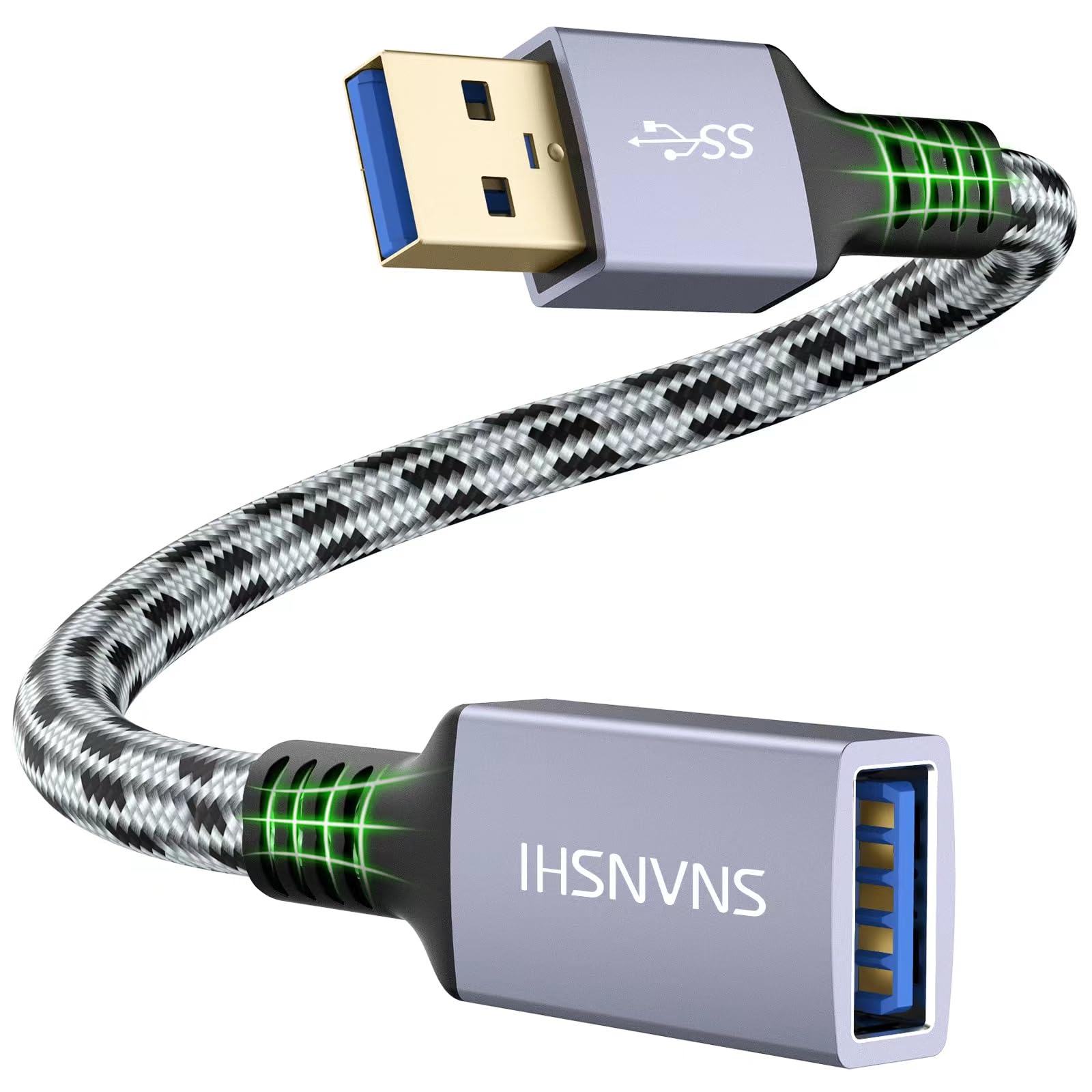 SNANSHI Short USB 3.0 Extension Cable - 1ft Aluminum Nylon Braided USB Extender with Gold-Plated Connectors