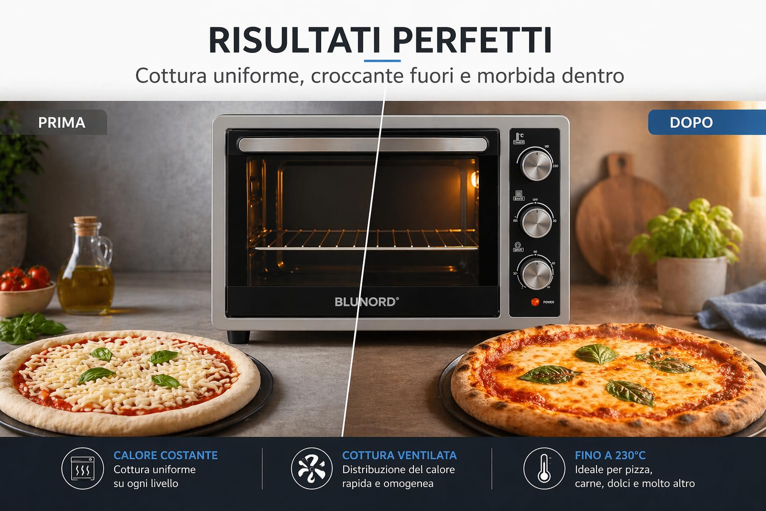 Forno Elettrico Ventilato 32 Litri 6 Funzioni Cottura 90-230°C Doppio Vetro Timer 60 Min