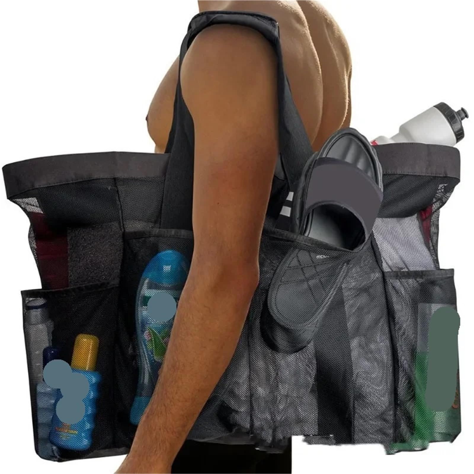 Bolsa De Playa Bolsa de Playa Grande de Malla con múltiples Bolsillos, Ideal for Gimnasio, natación, Viajes y Picnic. para La Playa(Black)