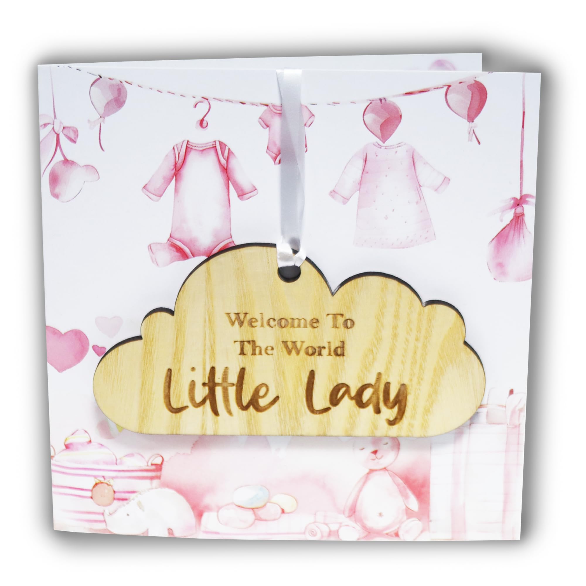 New Baby Girl Card With Wooden Hanging Cloud Keepsake - Baby Girl Gifts Newborn - Welcome To The World Little Lady, Ideal Present for new Parents (Pink)