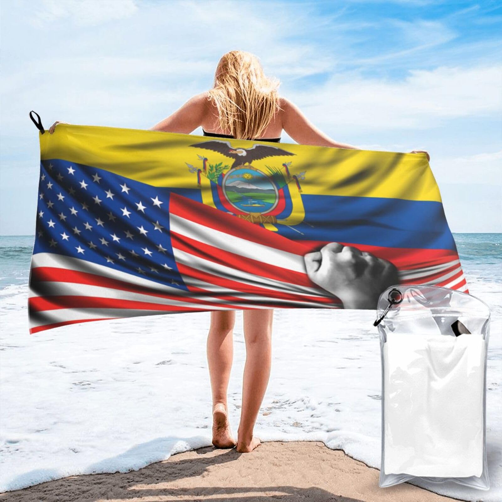 HACXZ Beach Towel America Flag and Ecuador Flag Microfiber Beach Towel Lightweight Absorbent 27.5"X55"