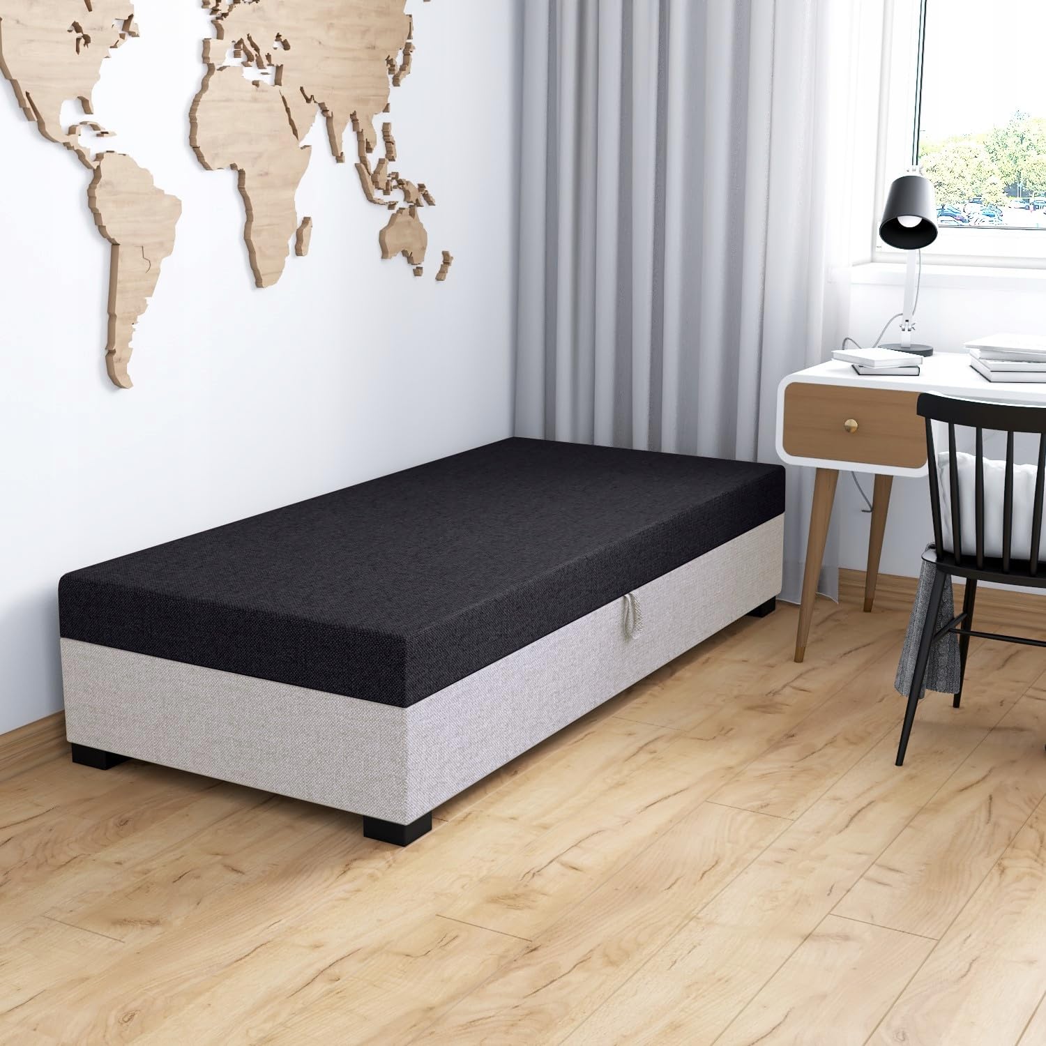 Boxspringbett Iwo 90x195x38 cm mit Schaumstoff Matratze, Bett mit Matratze, Polsterbett mit Bettkasten, Gepolstertes Einzel Bett, Schlafsofa - Schwarzweiß